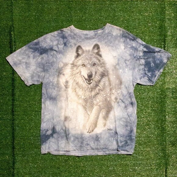 THE MOUNTAIN MENS WHITE WOLF T SHIRT LIGHT BLUE MARBLE TIE DYE NATURE SIZE XXL - Picture 5 of 7